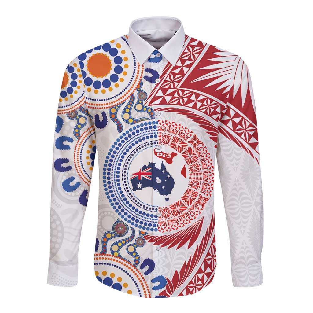 Tongan and Australian Culture Together Long Sleeve Button Shirt Ngatu Art Tribal Aboriginal Tattoo Pattern LT03 Unisex White - Polynesian Pride