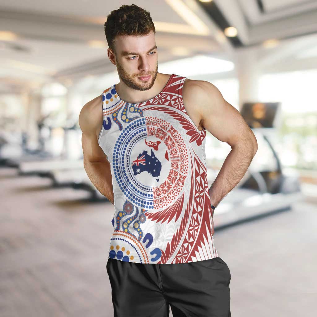 Tongan and Australian Culture Together Men Tank Top Ngatu Art Tribal Aboriginal Tattoo Pattern LT03 White - Polynesian Pride