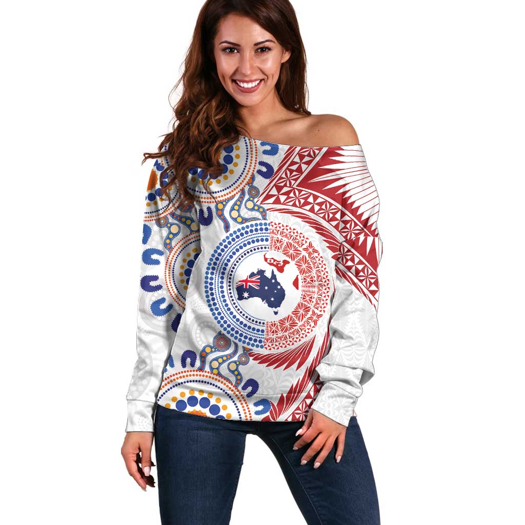 Tongan and Australian Culture Together Off Shoulder Sweater Ngatu Art Tribal Aboriginal Tattoo Pattern LT03 Women White - Polynesian Pride