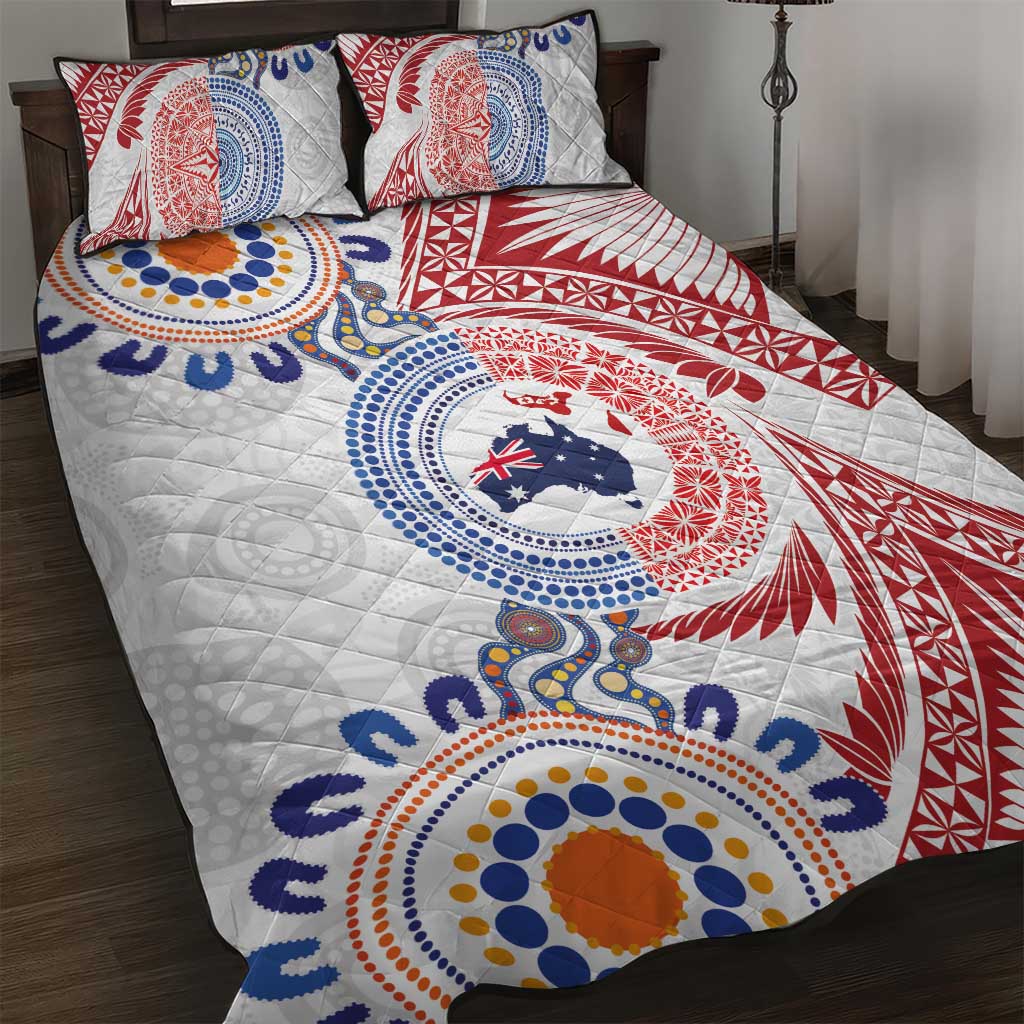 Tongan and Australian Culture Together Quilt Bed Set Ngatu Art Tribal Aboriginal Tattoo Pattern LT03 White - Polynesian Pride