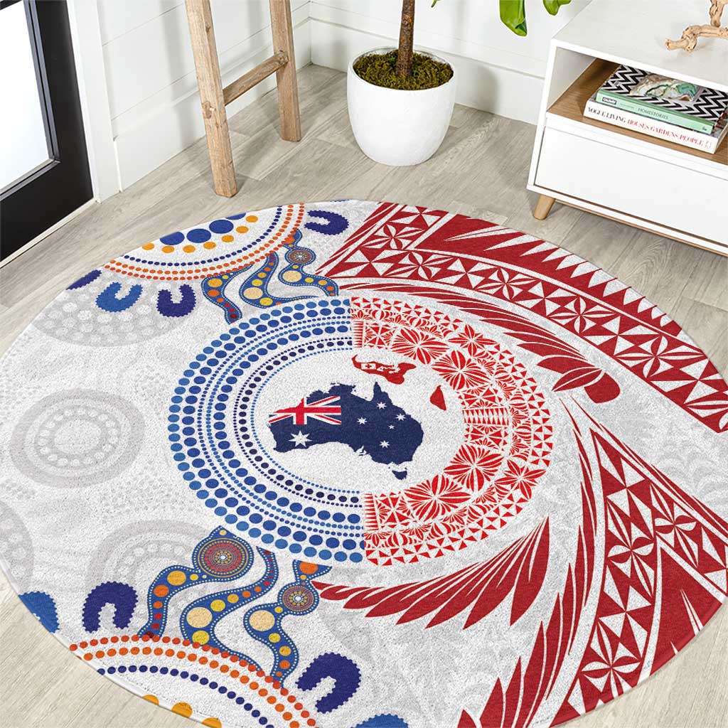 Tongan and Australian Culture Together Round Carpet Ngatu Art Tribal Aboriginal Tattoo Pattern LT03 White - Polynesian Pride