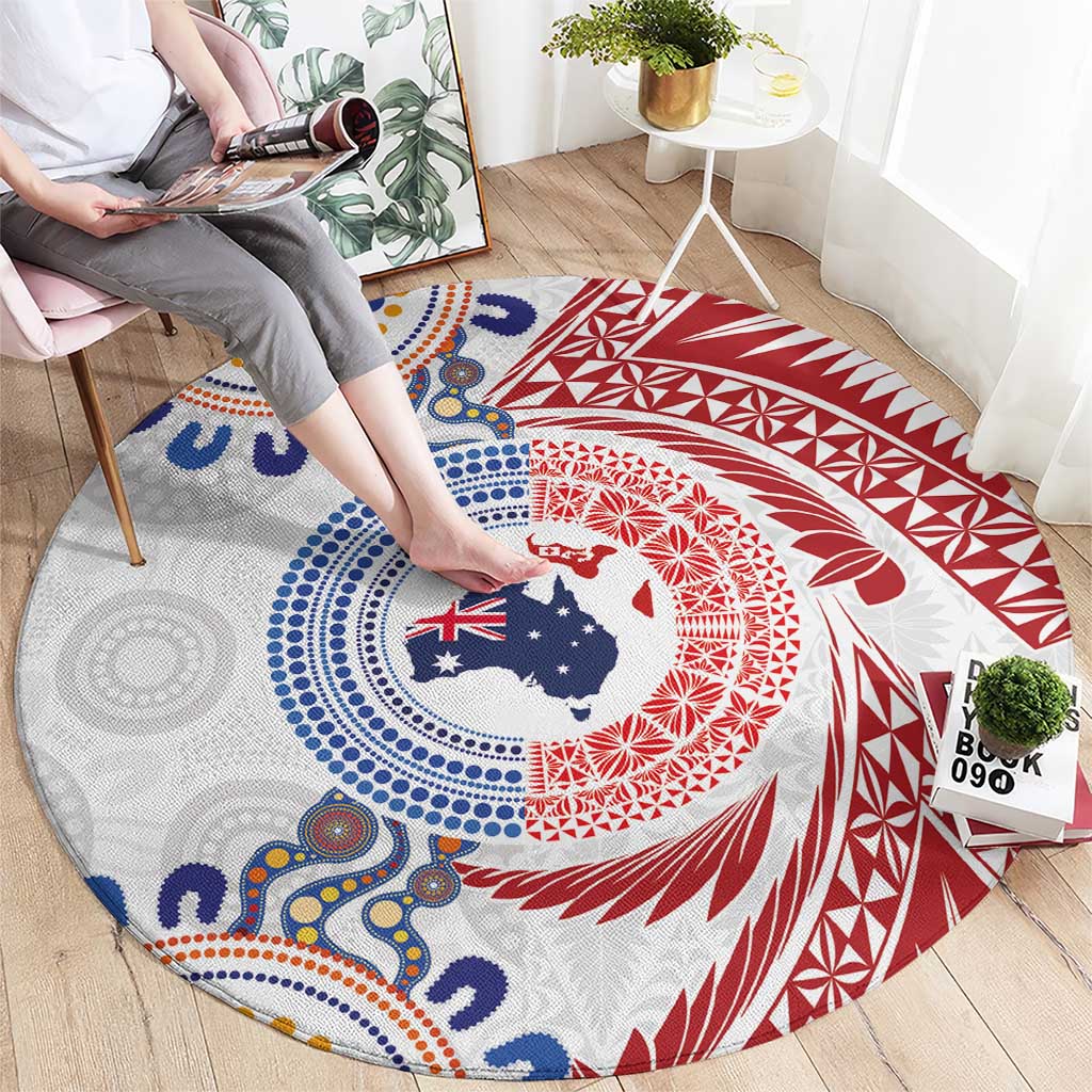 Tongan and Australian Culture Together Round Carpet Ngatu Art Tribal Aboriginal Tattoo Pattern LT03 - Polynesian Pride