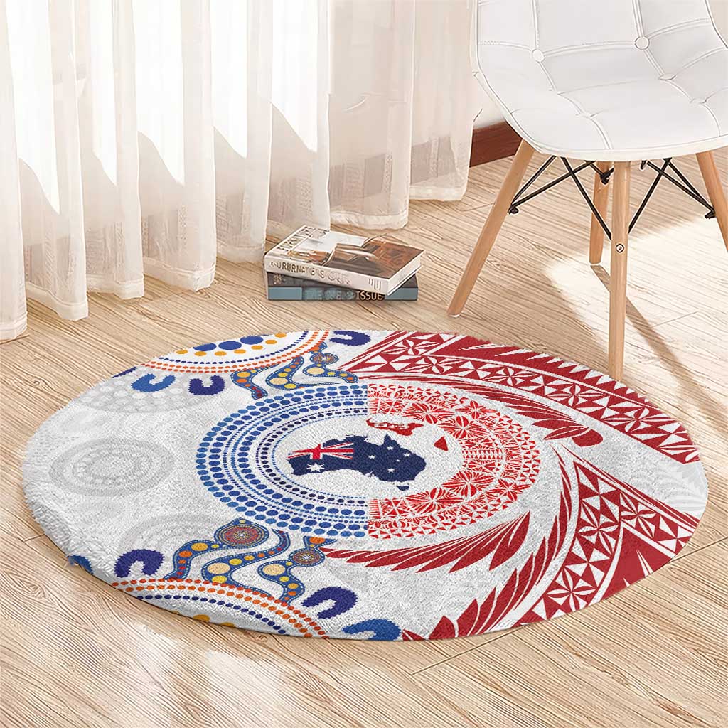 Tongan and Australian Culture Together Round Carpet Ngatu Art Tribal Aboriginal Tattoo Pattern LT03 - Polynesian Pride