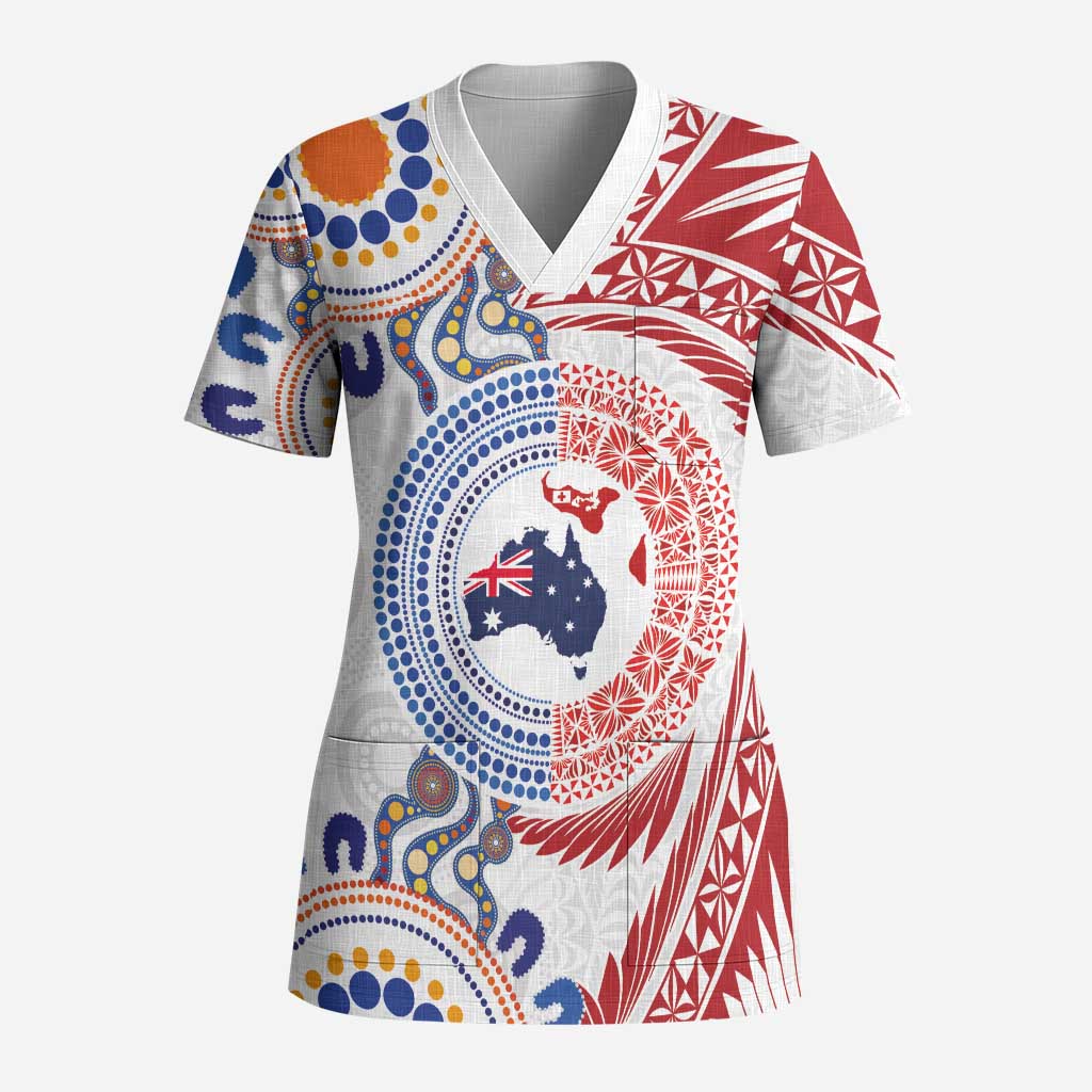 Tongan and Australian Culture Together Scrub Top Ngatu Art Tribal Aboriginal Tattoo Pattern LT03 Adult White - Polynesian Pride
