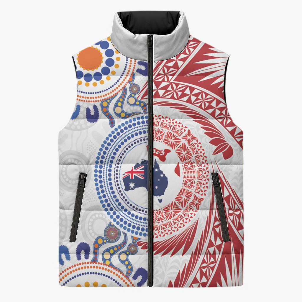 Tongan and Australian Culture Together Sleeveless Puffer Jacket Ngatu Art Tribal Aboriginal Tattoo Pattern LT03 Unisex White - Polynesian Pride