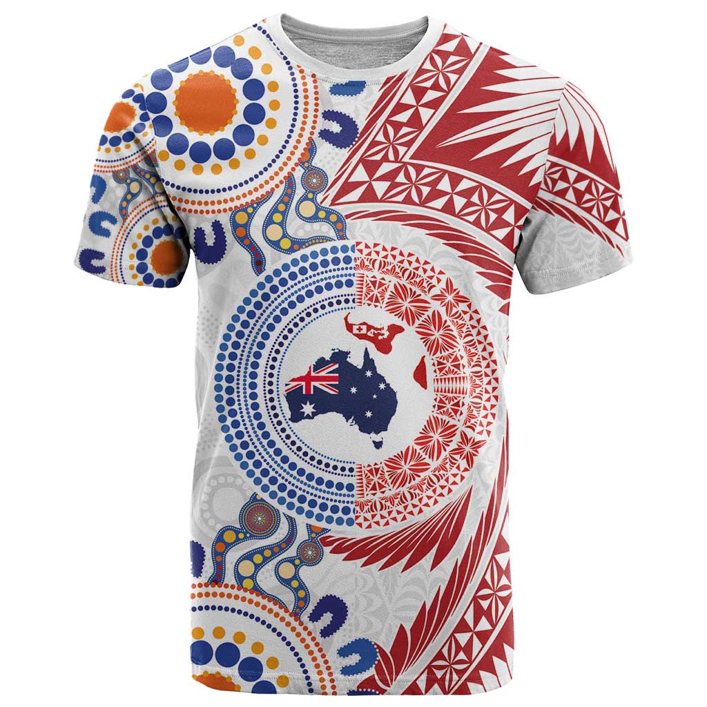 Tongan and Australian Culture Together T Shirt Ngatu Art Tribal Aboriginal Tattoo Pattern LT03 White - Polynesian Pride