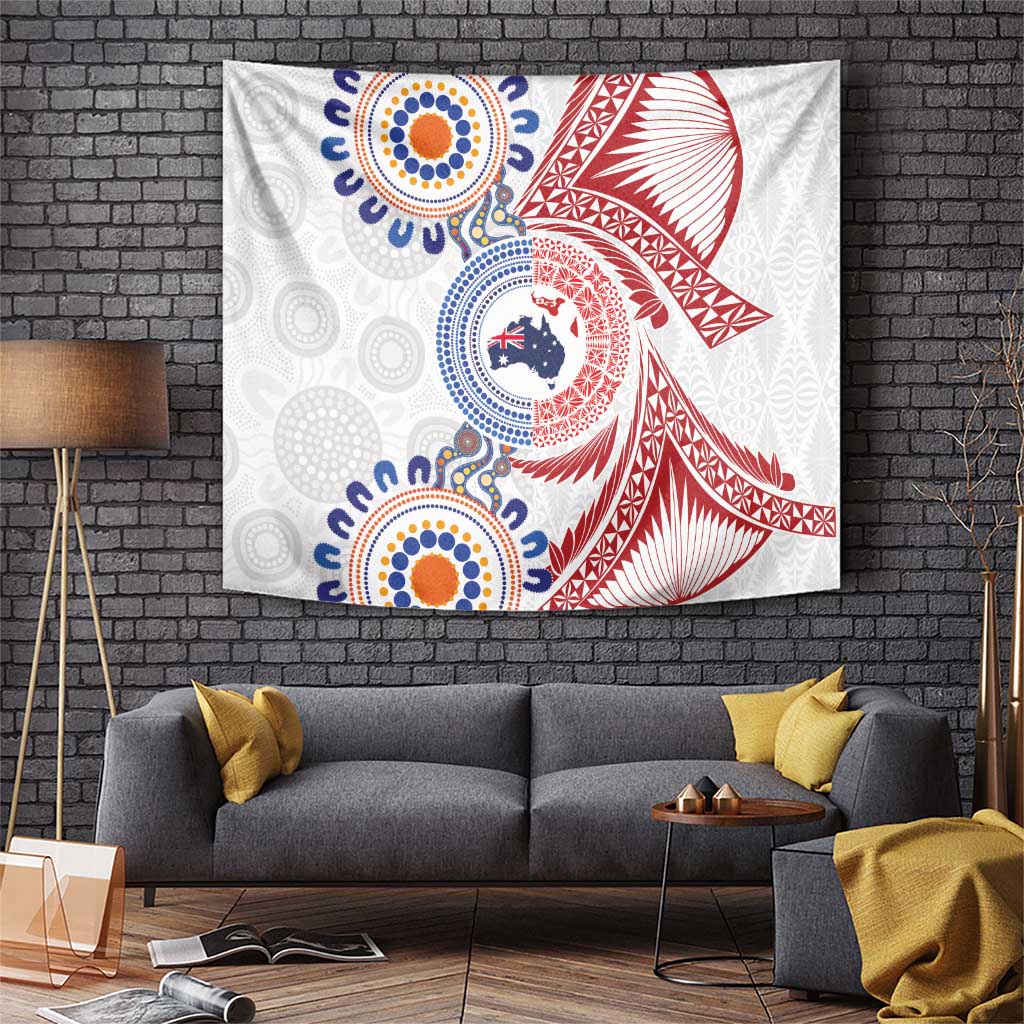 Tongan and Australian Culture Together Tapestry Ngatu Art Tribal Aboriginal Tattoo Pattern LT03 White - Polynesian Pride