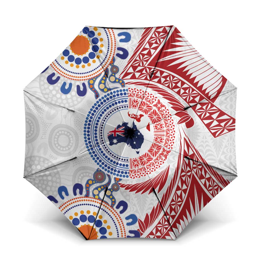 Tongan and Australian Culture Together Umbrella Ngatu Art Tribal Aboriginal Tattoo Pattern LT03 One Size Folded 11.42 inch Opened Diameter 37.4 inch White - Polynesian Pride