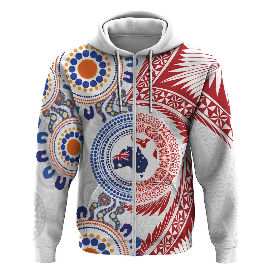 Tongan and Australian Culture Together Zip Hoodie Ngatu Art Tribal Aboriginal Tattoo Pattern LT03 Zip Hoodie White - Polynesian Pride