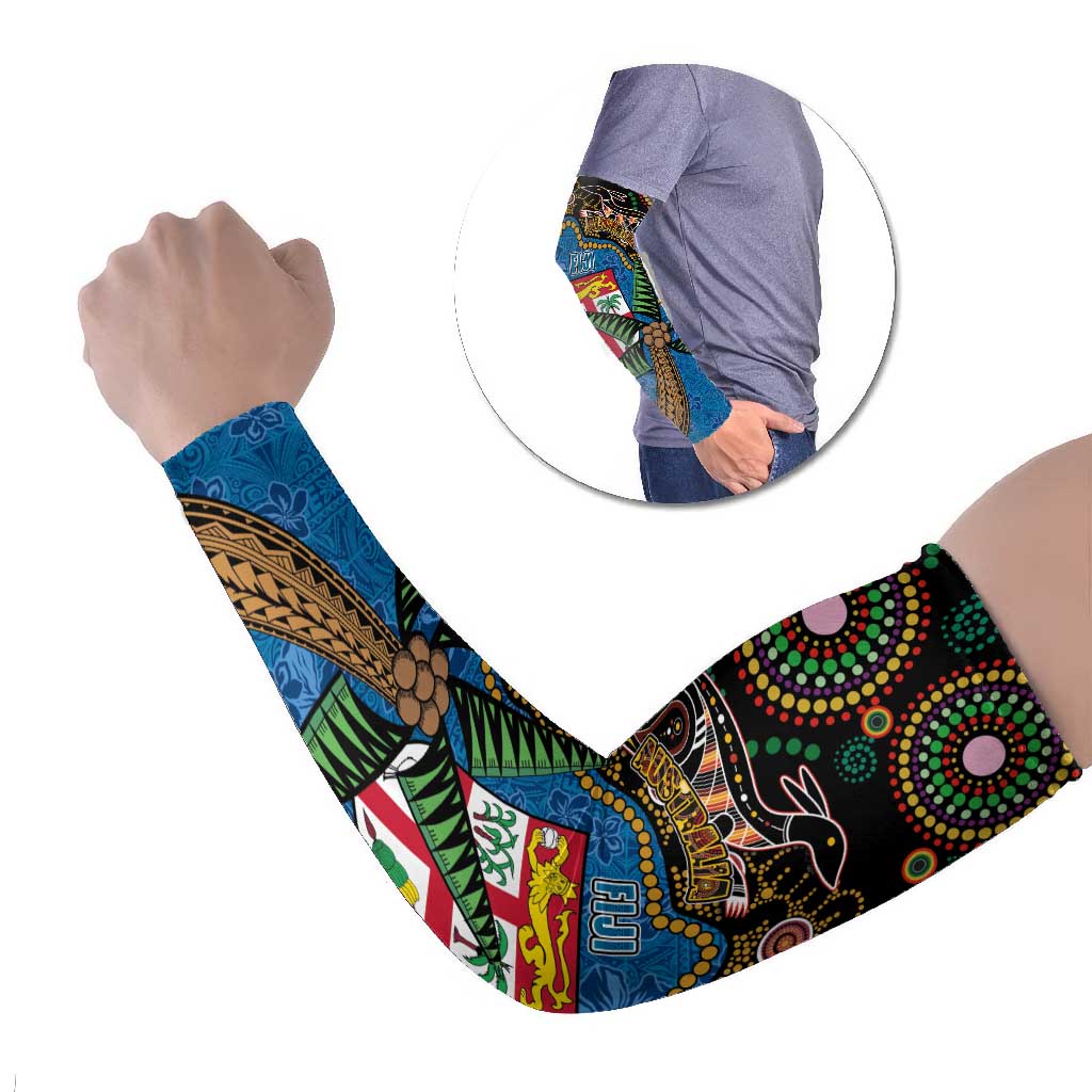 Fijian and Australian Culture Together Arm Sleeves Aboriginal Art and Tapa Motifs with Kangaroo and Palm Tree LT03 Set of 2 Black - Polynesian Pride