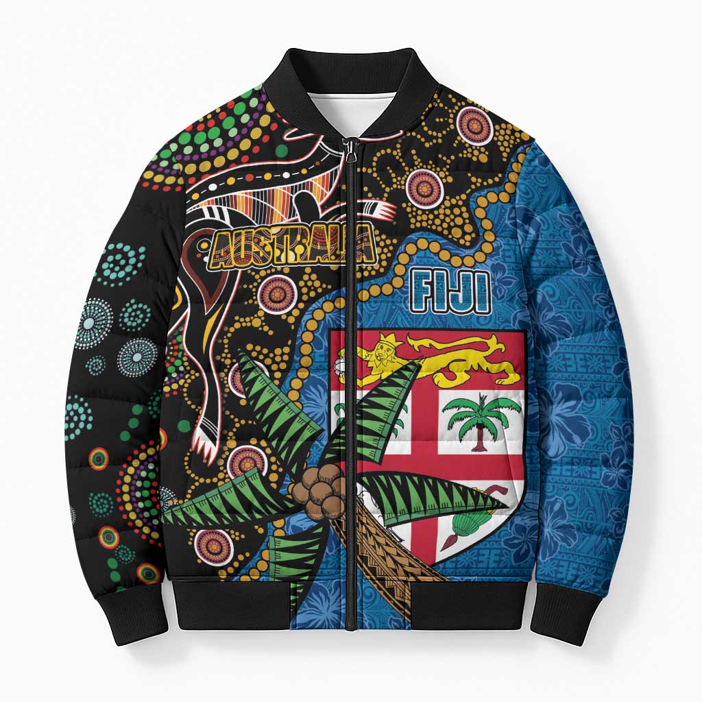 Fijian and Australian Culture Together Bomber Puffer Jacket Aboriginal Art and Tapa Motifs with Kangaroo and Palm Tree LT03 Unisex Black - Polynesian Pride