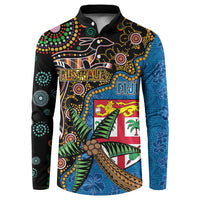 Fijian and Australian Culture Together Button Sweatshirt Aboriginal Art and Tapa Motifs with Kangaroo and Palm Tree LT03 Black - Polynesian Pride