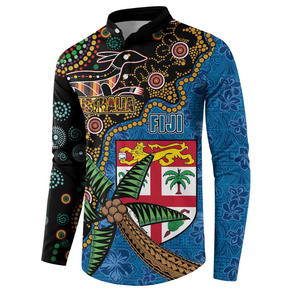 Fijian and Australian Culture Together Button Sweatshirt Aboriginal Art and Tapa Motifs with Kangaroo and Palm Tree LT03 - Polynesian Pride