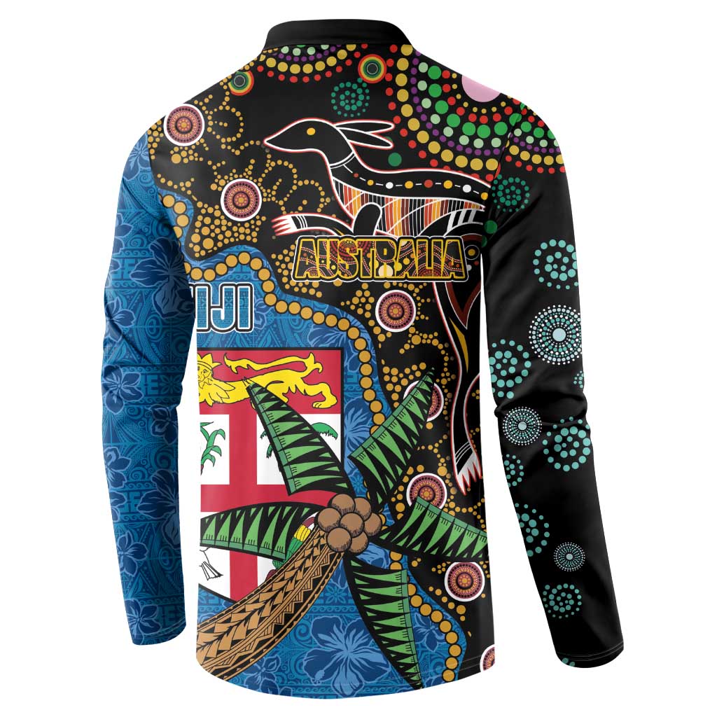 Fijian and Australian Culture Together Button Sweatshirt Aboriginal Art and Tapa Motifs with Kangaroo and Palm Tree LT03 - Polynesian Pride