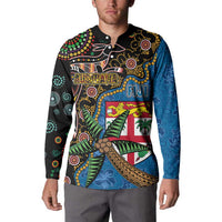 Fijian and Australian Culture Together Button Sweatshirt Aboriginal Art and Tapa Motifs with Kangaroo and Palm Tree LT03 - Polynesian Pride