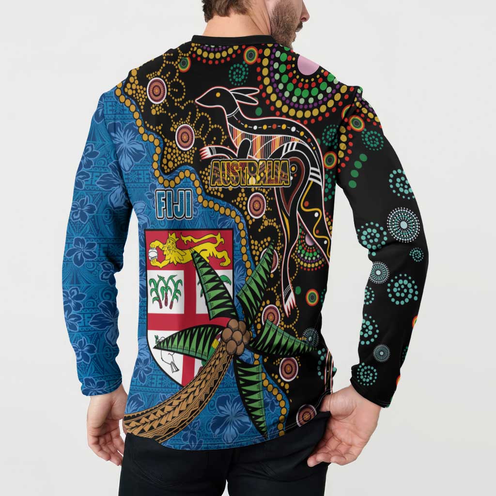 Fijian and Australian Culture Together Button Sweatshirt Aboriginal Art and Tapa Motifs with Kangaroo and Palm Tree LT03 - Polynesian Pride