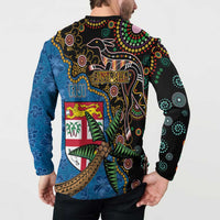 Fijian and Australian Culture Together Button Sweatshirt Aboriginal Art and Tapa Motifs with Kangaroo and Palm Tree LT03 - Polynesian Pride