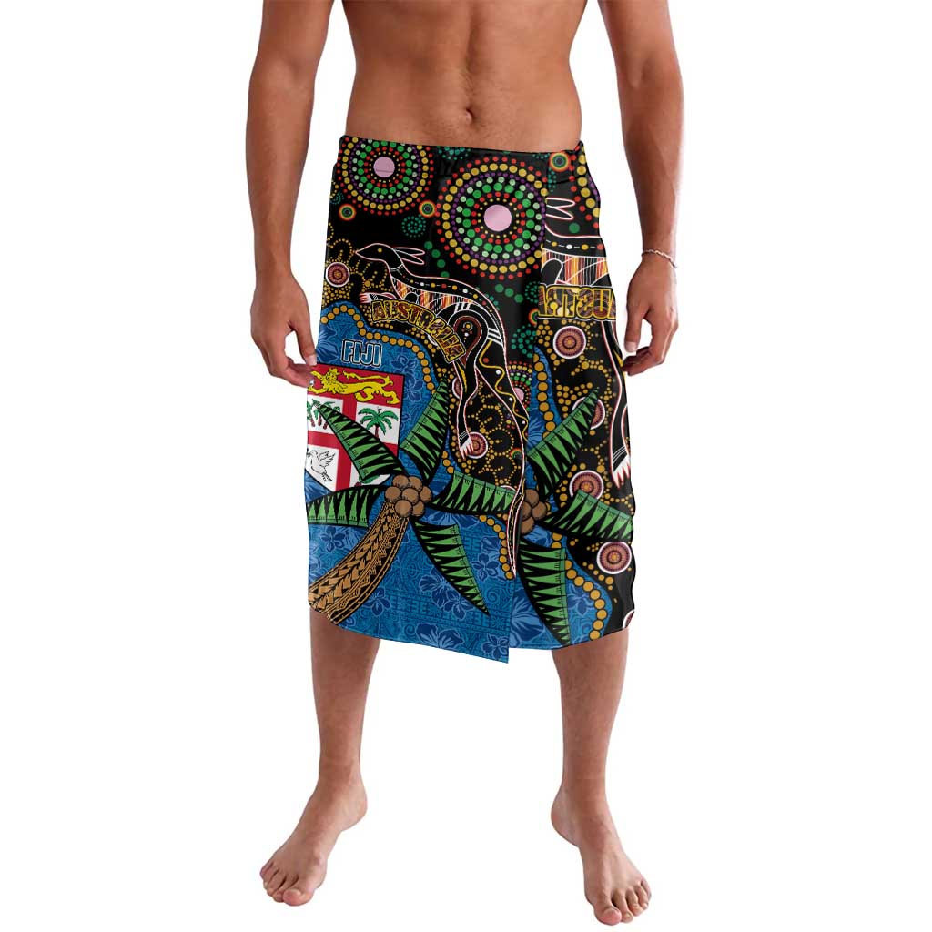 Fijian and Australian Culture Together Lavalava Aboriginal Art and Tapa Motifs with Kangaroo and Palm Tree LT03 Black - Polynesian Pride