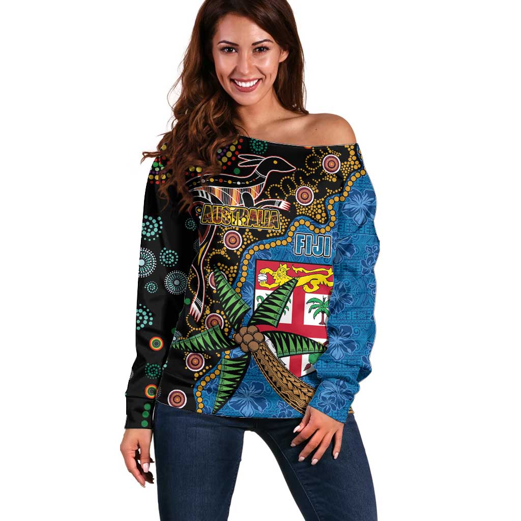 Fijian and Australian Culture Together Off Shoulder Sweater Aboriginal Art and Tapa Motifs with Kangaroo and Palm Tree LT03 Women Black - Polynesian Pride