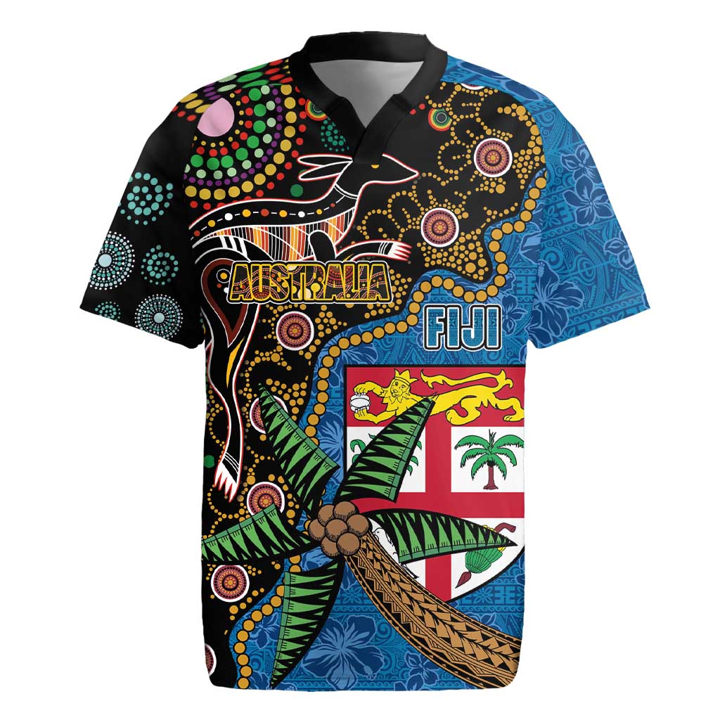 Fijian and Australian Culture Together Rugby Jersey Aboriginal Art and Tapa Motifs with Kangaroo and Palm Tree LT03 Black - Polynesian Pride