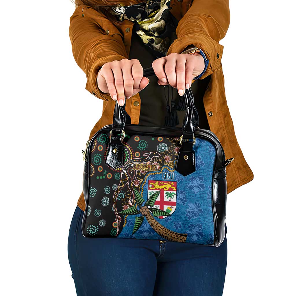 Fijian and Australian Culture Together Shoulder Handbag Aboriginal Art and Tapa Motifs with Kangaroo and Palm Tree LT03 One Size Black - Polynesian Pride