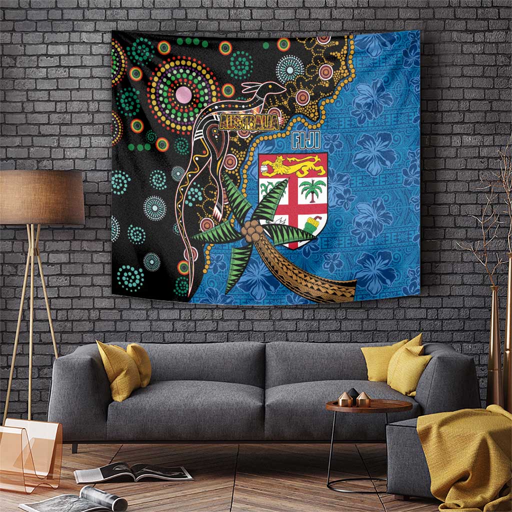Fijian and Australian Culture Together Tapestry Aboriginal Art and Tapa Motifs with Kangaroo and Palm Tree LT03 Black - Polynesian Pride