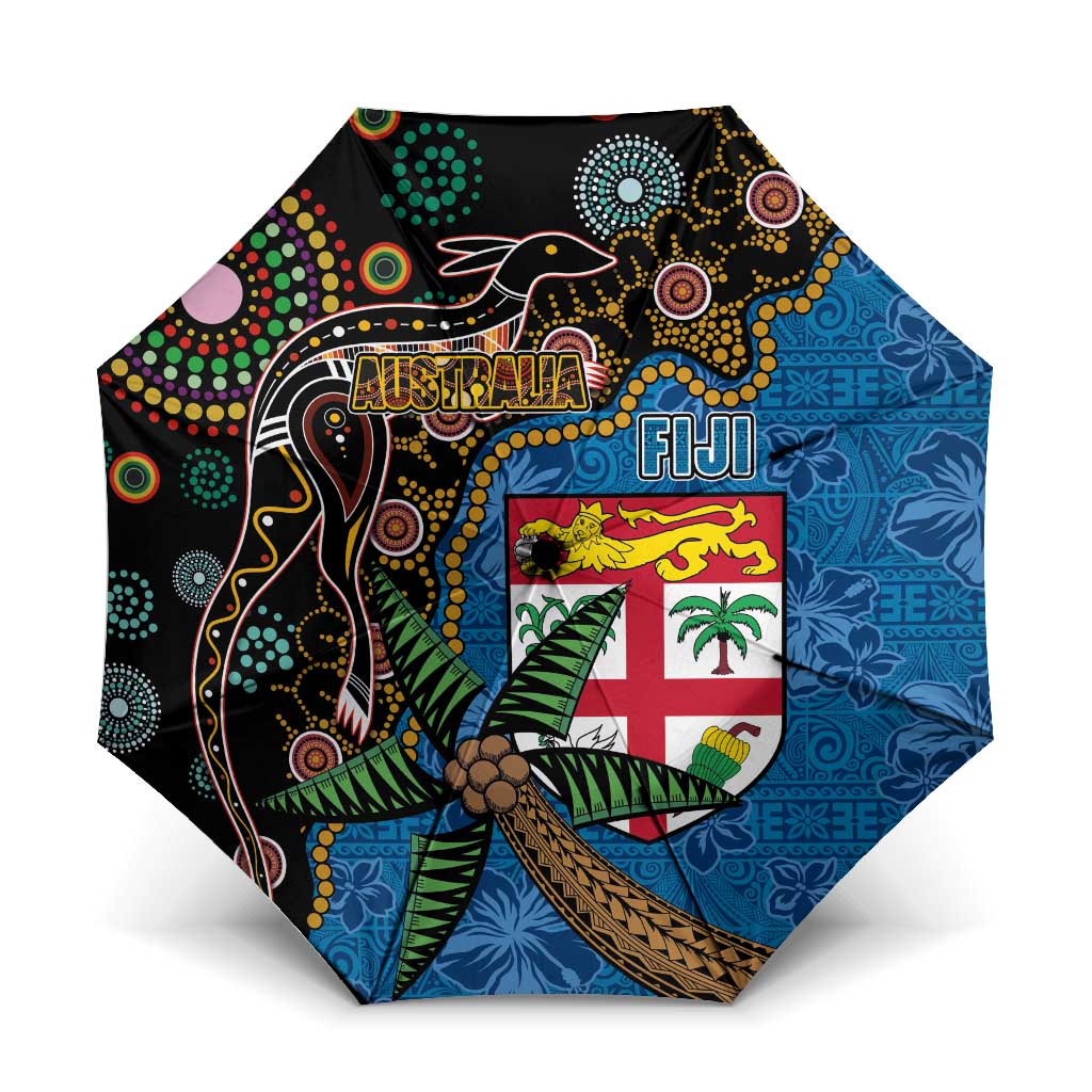 Fijian and Australian Culture Together Umbrella Aboriginal Art and Tapa Motifs with Kangaroo and Palm Tree LT03 One Size Folded 11.42 inch Opened Diameter 37.4 inch Black - Polynesian Pride