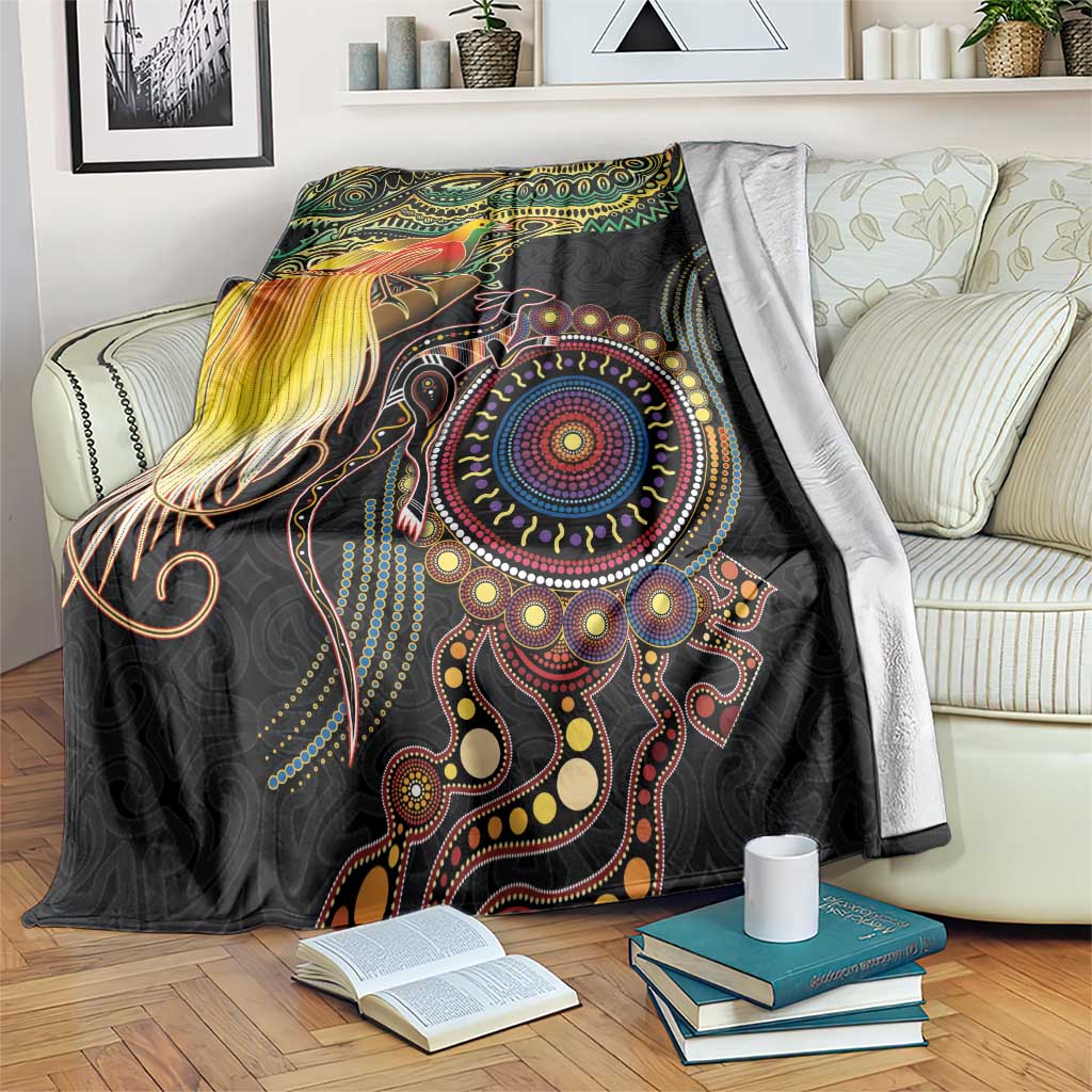 Papua New Guinea and Australia Together Blanket Bird of Paradise and Kangaroo Melanesian Aboriginal Motifs LT03 Black - Polynesian Pride