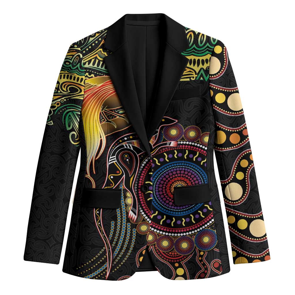 Papua New Guinea and Australia Together Blazer Bird of Paradise and Kangaroo Melanesian Aboriginal Motifs LT03 Unisex Black - Polynesian Pride
