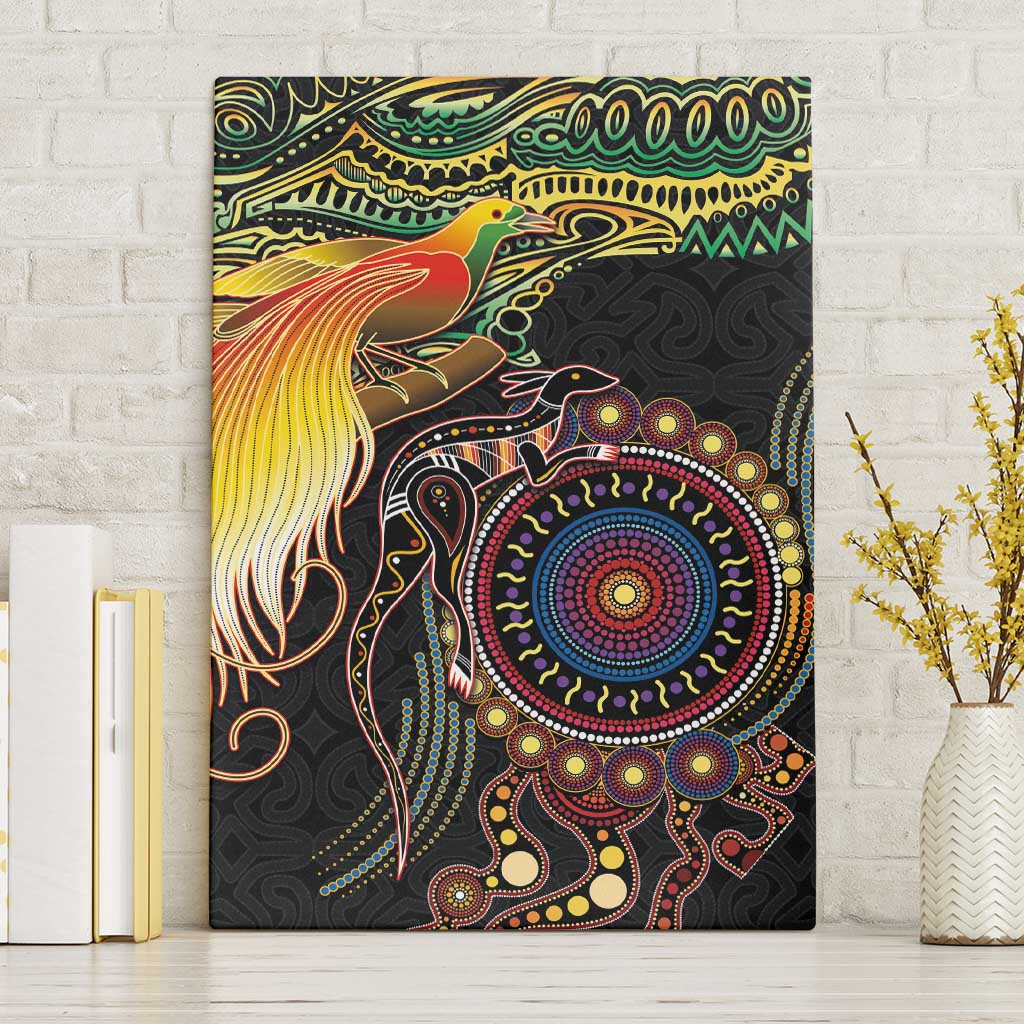 Papua New Guinea and Australia Together Canvas Wall Art Bird of Paradise and Kangaroo Melanesian Aboriginal Motifs LT03 Without Frame Black - Polynesian Pride