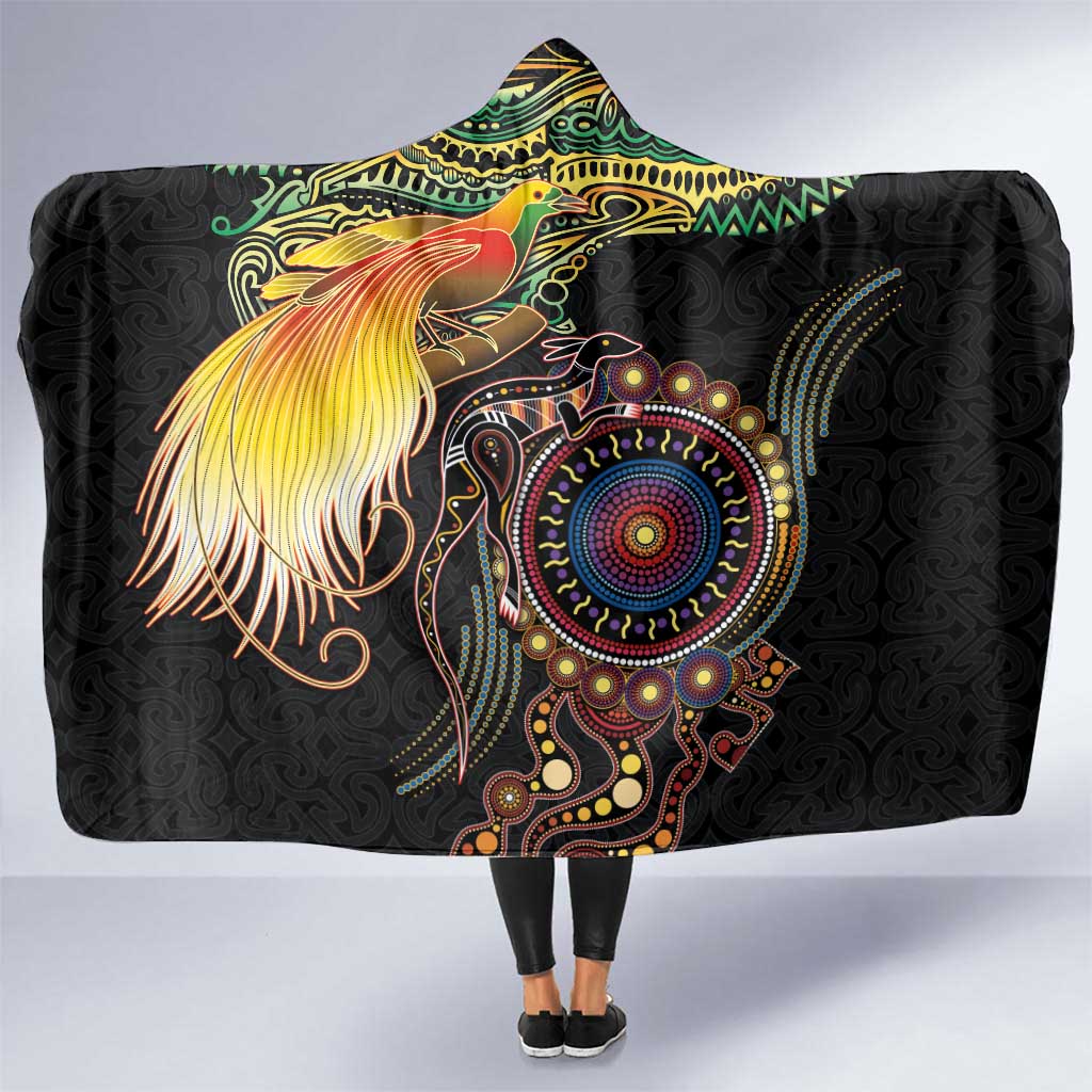 Papua New Guinea and Australia Together Hooded Blanket Bird of Paradise and Kangaroo Melanesian Aboriginal Motifs LT03 One Size Black - Polynesian Pride