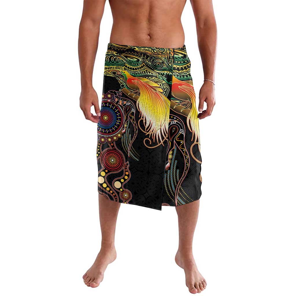 Papua New Guinea and Australia Together Lavalava Bird of Paradise and Kangaroo Melanesian Aboriginal Motifs LT03 Black - Polynesian Pride