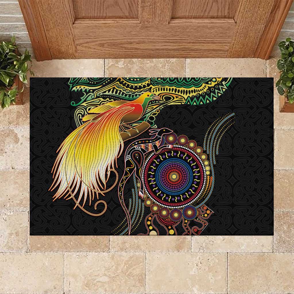 Papua New Guinea and Australia Together Rubber Doormat Bird of Paradise and Kangaroo Melanesian Aboriginal Motifs LT03 Black - Polynesian Pride