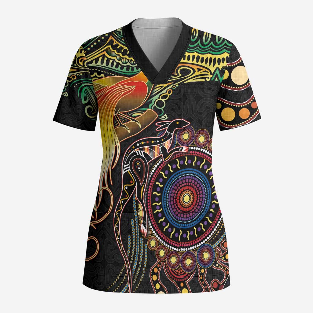 Papua New Guinea and Australia Together Scrub Top Bird of Paradise and Kangaroo Melanesian Aboriginal Motifs LT03 Adult Black - Polynesian Pride