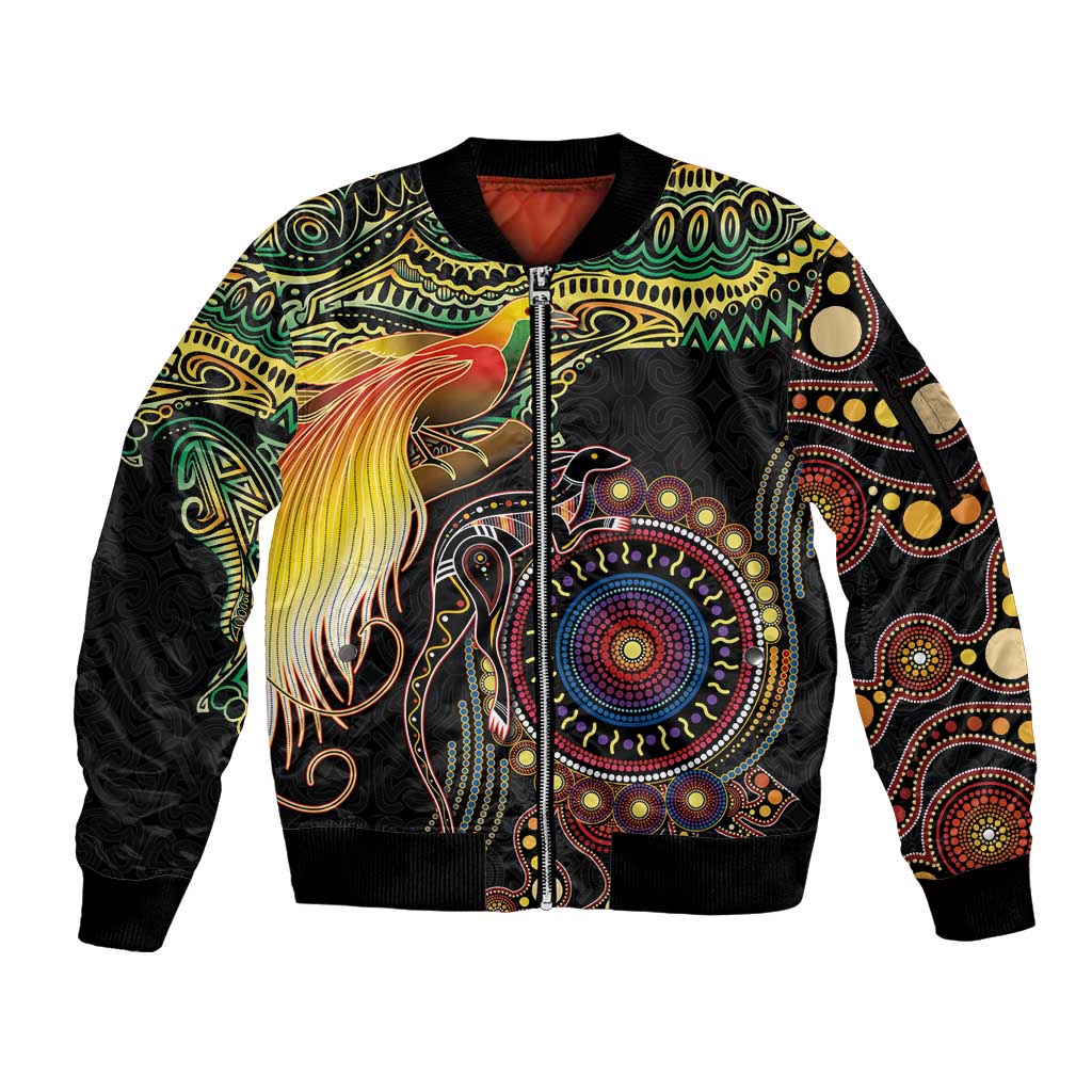 Papua New Guinea and Australia Together Sleeve Zip Bomber Jacket Bird of Paradise and Kangaroo Melanesian Aboriginal Motifs LT03 Unisex Black - Polynesian Pride