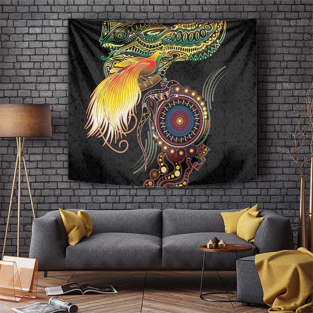 Papua New Guinea and Australia Together Tapestry Bird of Paradise and Kangaroo Melanesian Aboriginal Motifs LT03 Black - Polynesian Pride