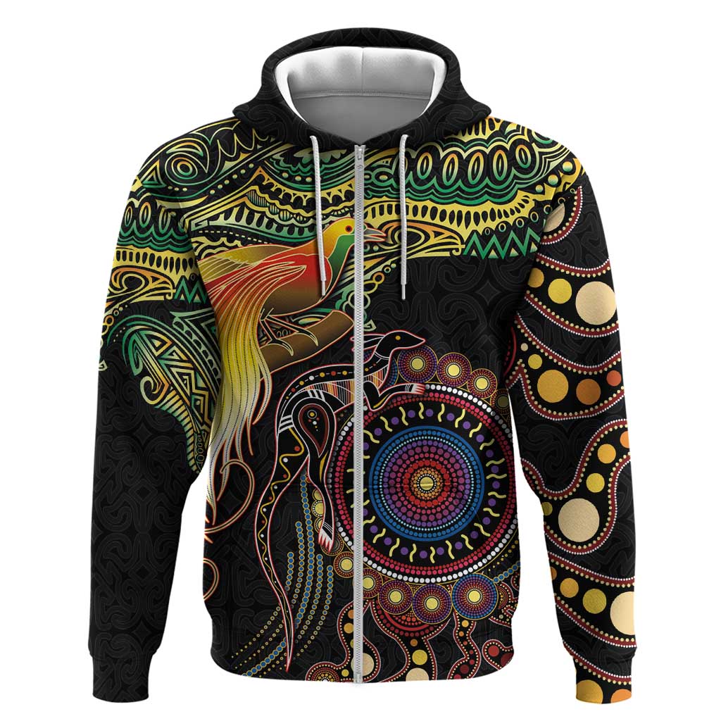 Papua New Guinea and Australia Together Zip Hoodie Bird of Paradise and Kangaroo Melanesian Aboriginal Motifs LT03 Zip Hoodie Black - Polynesian Pride