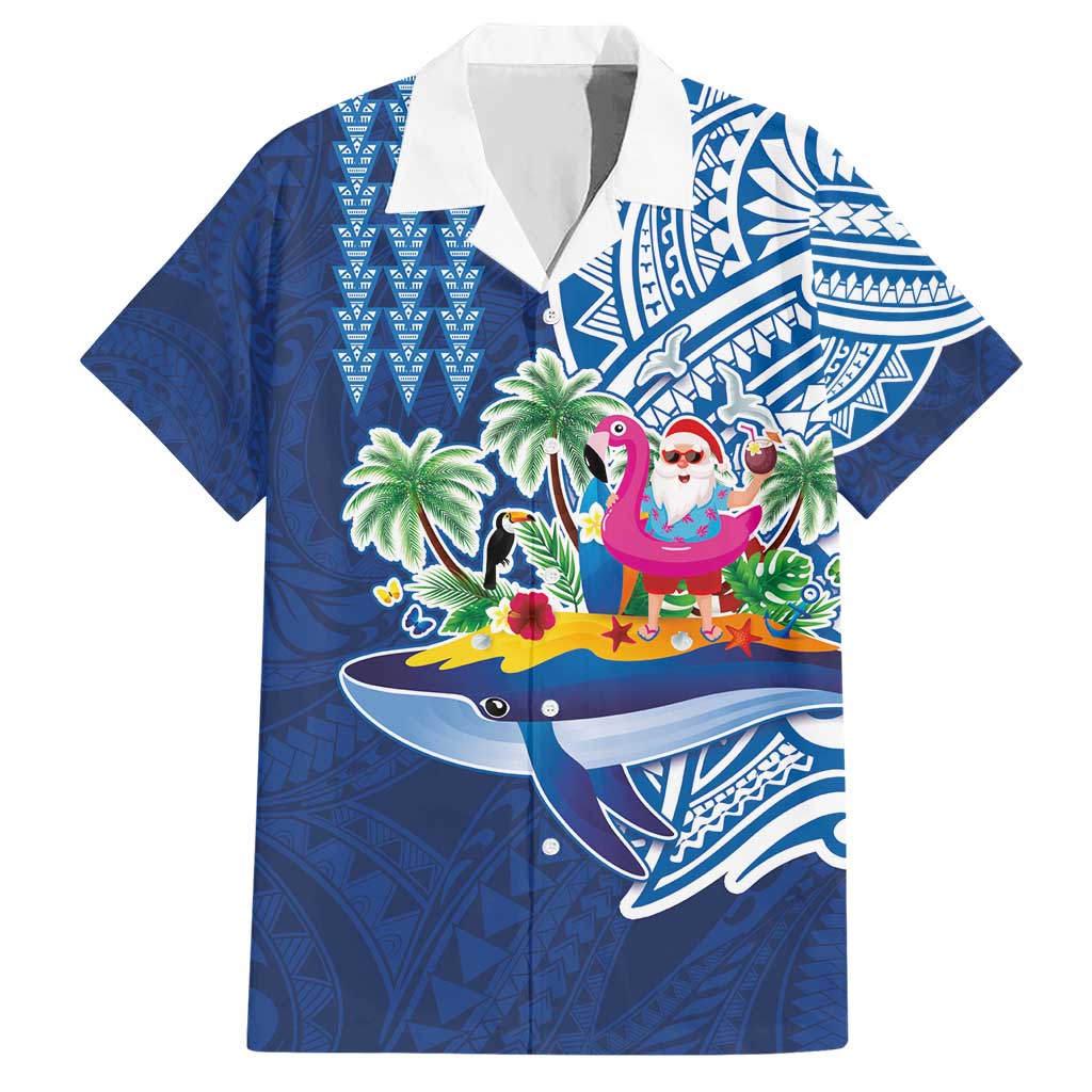 Hawaiian Mele Kalikimaka Hawaiian Shirt Funny Santa on Whale Island with Kakau Tattoos LT03 Blue - Polynesian Pride