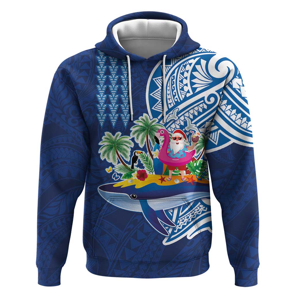 Hawaiian Mele Kalikimaka Hoodie Funny Santa on Whale Island with Kakau Tattoos LT03 Pullover Hoodie Blue - Polynesian Pride