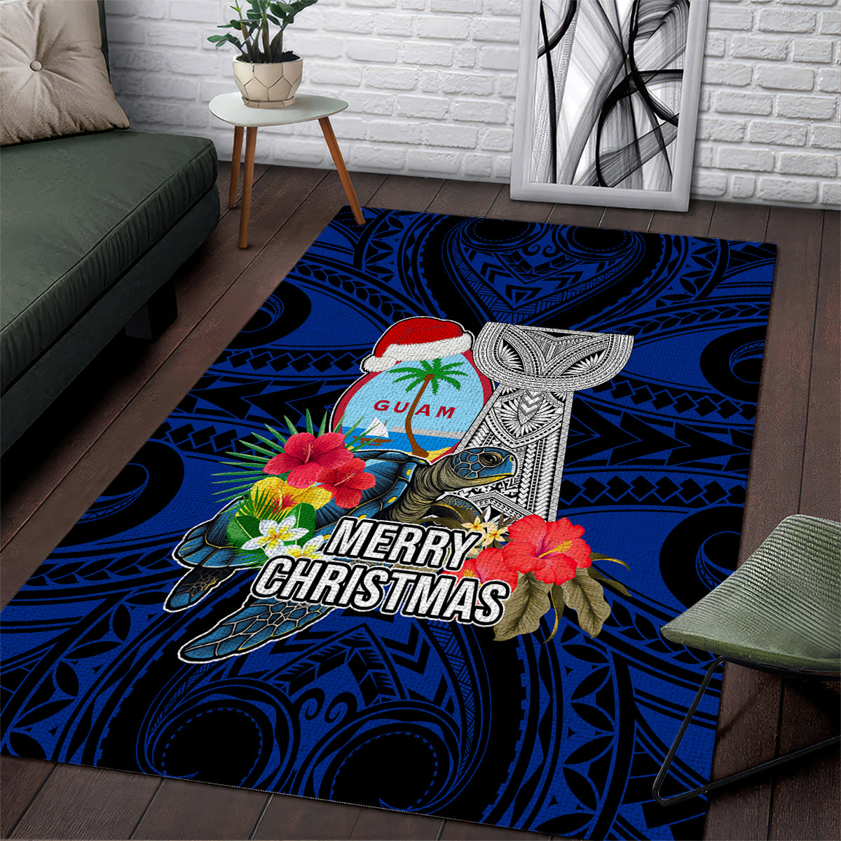 Guam Christmas Area Rug Santa Gift Latte Stone and Sea Turle Mix Hibiscus Chamorro Blue Style LT03 red - Polynesian Pride