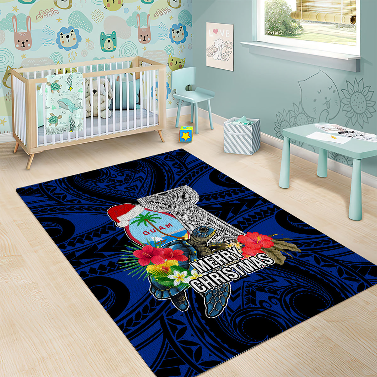 Guam Christmas Area Rug Santa Gift Latte Stone and Sea Turle Mix Hibiscus Chamorro Blue Style LT03 - Polynesian Pride