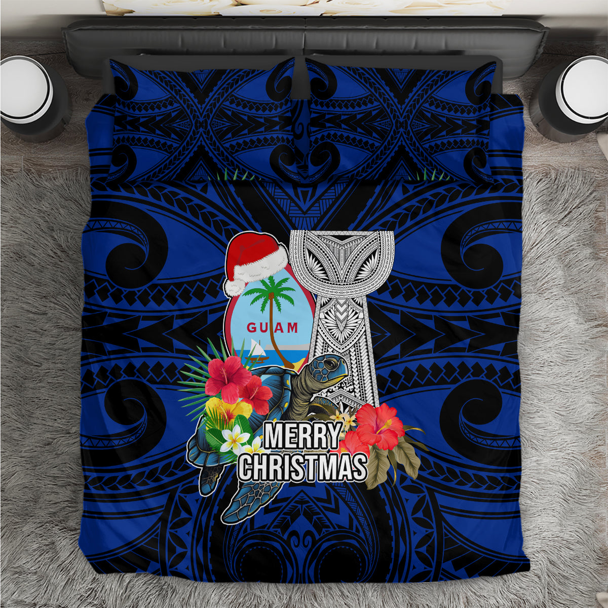 Guam Christmas Bedding Set Santa Gift Latte Stone and Sea Turle Mix Hibiscus Chamorro Blue Style LT03 - Polynesian Pride