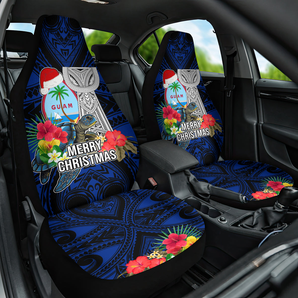 Guam Christmas Car Seat Cover Santa Gift Latte Stone and Sea Turle Mix Hibiscus Chamorro Blue Style LT03 One Size red - Polynesian Pride