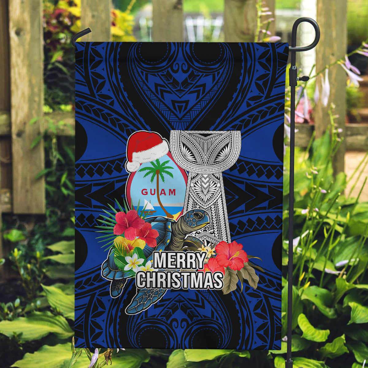 Guam Christmas Garden Flag Santa Gift Latte Stone and Sea Turle Mix Hibiscus Chamorro Blue Style LT03 Garden Flag red - Polynesian Pride