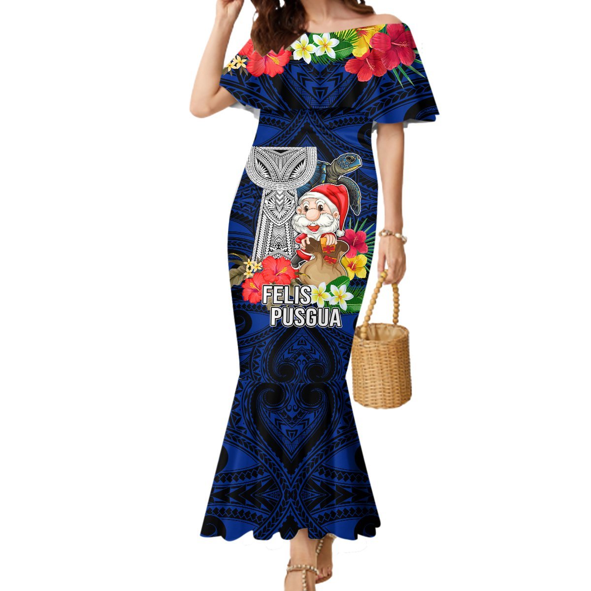 Guam Christmas Mermaid Dress Santa Gift Latte Stone and Sea Turle Mix Hibiscus Chamorro Blue Style LT03 Women Blue - Polynesian Pride