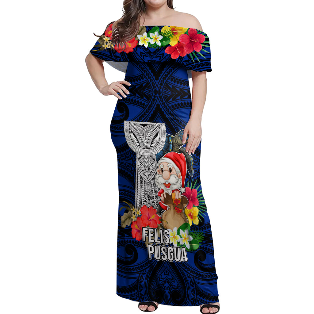 Guam Christmas Off Shoulder Maxi Dress Santa Gift Latte Stone and Sea Turle Mix Hibiscus Chamorro Blue Style LT03 Women Blue - Polynesian Pride