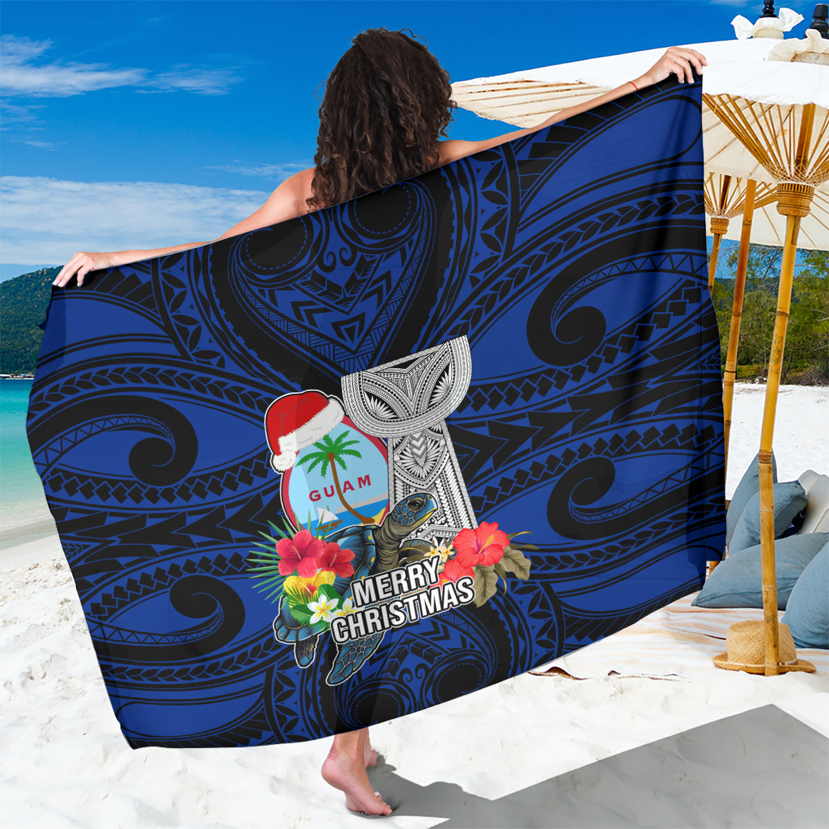 Guam Christmas Sarong Santa Gift Latte Stone and Sea Turle Mix Hibiscus Chamorro Blue Style LT03 One Size 44 x 66 inches red - Polynesian Pride
