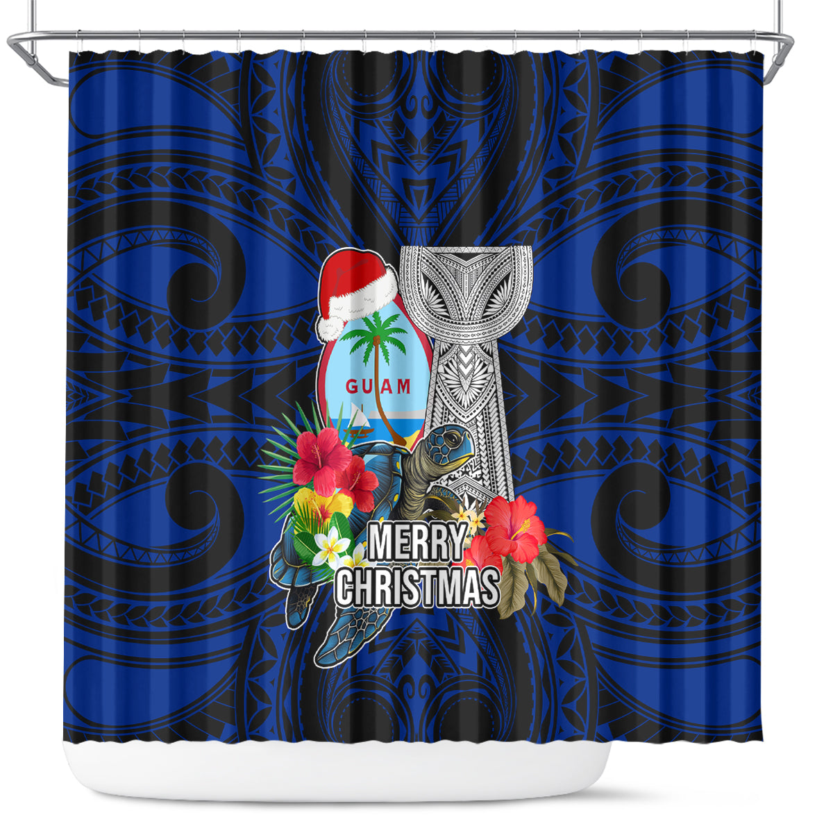 Guam Christmas Shower Curtain Santa Gift Latte Stone and Sea Turle Mix Hibiscus Chamorro Blue Style LT03