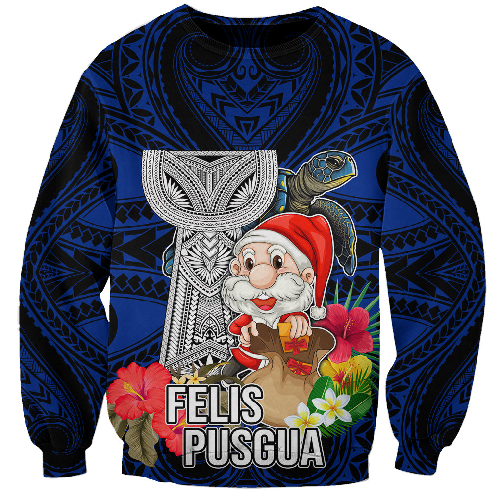 Guam Christmas Sweatshirt Santa Gift Latte Stone and Sea Turle Mix Hibiscus Chamorro Blue Style LT03 Unisex Blue - Polynesian Pride