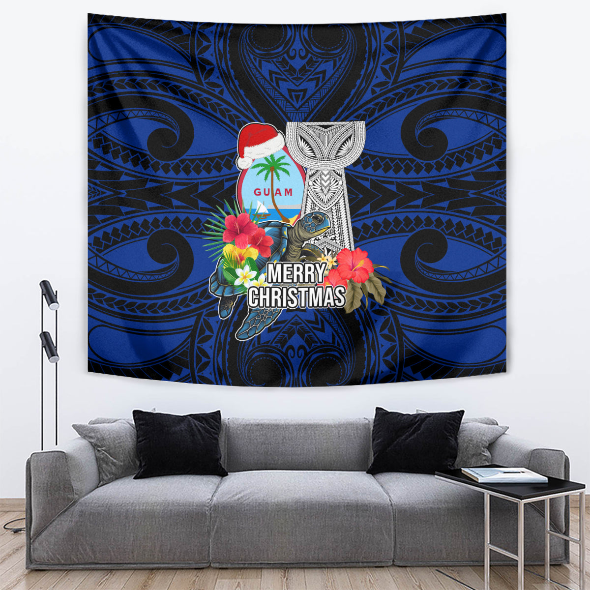 Guam Christmas Tapestry Santa Gift Latte Stone and Sea Turle Mix Hibiscus Chamorro Blue Style LT03 red - Polynesian Pride
